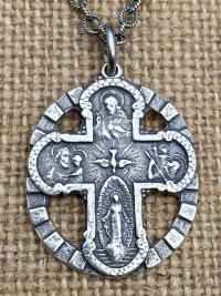 Sterling Silver 5-Way Cross Medal and Necklace, Antique Replica, Scapular, 4-Way, 4 Way, Catholic, Unisex, Sacred Heart, Miraculous Medal