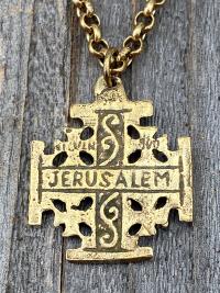 Antique Gold Jerusalem Cross, Five-Fold Medal Necklace, Crusader's Cross, Five Wounds of Christ Cross-and-Crosslets, Heraldic Holy Sepulchre