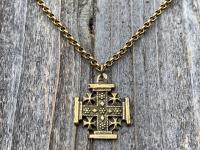 Antique Gold Jerusalem Cross, Five-Fold Medal Necklace, Crusader's Cross, Five Wounds of Christ Cross-and-Crosslets, Heraldic Holy Sepulchre