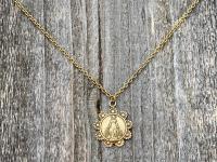 Antique Gold Our Lady of the Rosary Antique Replica Medal Pendant Necklace, Lourdes Virgin Mary, Blessed Mother, Our Lady of the Cape Shrine