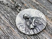 Sterling Silver Assumption of Mary Medal Pendant Necklace, French Antique Replica, Mary with Star Halo Pendant, Gorgeous Our Lady Pendant