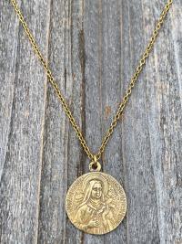 Antique Gold Rare St Thérèse of Lisieux Medal Necklace, French Antique Replica, Sancta Teresia, St Theresa of the Child Jesus, Little Flower