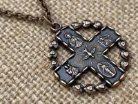 Bronze 5-Way Round Catholic Medal Necklace, Antique Replica, 4-Way Pendant, Cross, Miraculous Medal, Holy Spirit Dove, Heart Border, Unisex