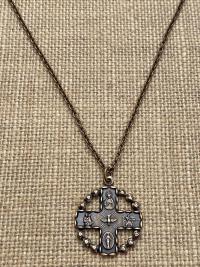 Bronze 5-Way Round Catholic Medal Necklace, Antique Replica, 4-Way Pendant, Cross, Miraculous Medal, Holy Spirit Dove, Heart Border, Unisex