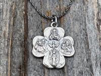 Sterling Silver Shamrock 4-Way Medal Pendant Necklace, Antique Replica, Miraculous Medal, Holy Spirit Dove, Sacred Heart of Jesus, St Joseph