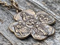 Bronze Shamrock 4-Way Medal Pendant Necklace, Antique Replica, Miraculous Medal, Holy Spirit Dove, Sacred Heart of Jesus, St Christopher