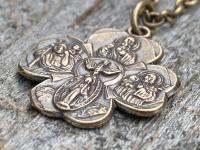 Bronze Shamrock 4-Way Medal Pendant Necklace, Antique Replica, Miraculous Medal, Holy Spirit Dove, Sacred Heart of Jesus, St Christopher