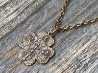 Bronze Shamrock 4-Way Medal Pendant Necklace, Antique Replica, Miraculous Medal, Holy Spirit Dove, Sacred Heart of Jesus, St Christopher