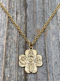 Antique Gold Shamrock 4-Way Medal Pendant Necklace, Antique Replica, Miraculous Medal, Holy Spirit Dove, Sacred Heart of Jesus, St Joseph