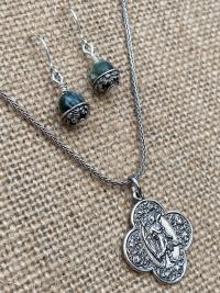 Sterling Silver St. Raphael Necklace & Seraphinite Earrings Set, Saint Raphael the Archangel Medal, Angel of Healing, Antique Replicas, .925