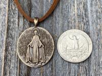 Bronze Miraculous Medal Pendant on Adjustable Length Suede Lace Necklace, French Antique Replica, Blessed Virgin Mary Medal, Slider Bead MM1