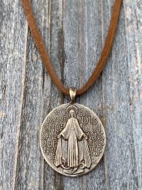 Bronze Miraculous Medal Pendant on Adjustable Length Suede Lace Necklace, French Antique Replica, Blessed Virgin Mary Medal, Slider Bead MM1