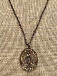 Bronze Large Openwork Miraculous Medal Pendant Necklace, Antique Replica, Rare unusual Antique, Blessed Virgin Mary, Mother Mary, Our Lady