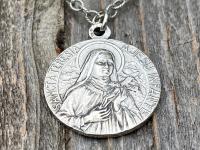 Sterling Silver Rare St Thérèse of Lisieux Medal Necklace, French Antique Replica Sancta Teresia St Theresa of the Child Jesus Little Flower