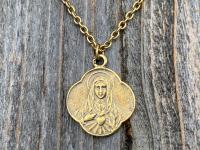 Antique Gold Immaculate Heart of Mary, French Antique Replica, Medal Pendant & Necklace, Heart of Virgin Mary, Scalloped Rare Mary Medal