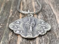 Sterling Silver Mary, Queen of Angels Pendant Necklace, Antique Replica, Our Lady Queen of Heaven, Blessed Virgin Mary Pendant and Necklace