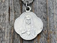 Sterling Silver Immaculate Heart of Mary, French Antique Replica, Medal Pendant & Necklace, Heart of Virgin Mary, Scalloped Rare Mary Medal