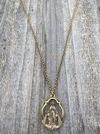 Antique Gold Large Openwork Miraculous Medal Pendant Necklace, Antique Replica, Rare unusual Antique, Blessed Virgin Mary, Our Lady Miracles