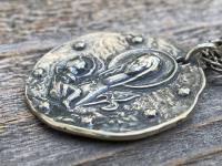 Sterling Silver Large Mary and Baby Jesus Fleur de Lis Pendant, Antique Replica French Medal, Sterling Silver Wheat Chain, Elie Pellegrin