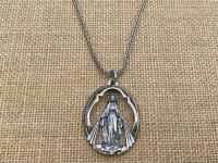 Sterling Silver Large Openwork Miraculous Medal Pendant Necklace, Antique Replica, Rare Unusual Antique, Our Lady of the Miracle Miracles