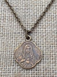 Bronze Immaculate Heart of Mary, French Antique Replica, Medal Pendant & Necklace, Scalloped Rare Mary Medal, Consecration to Mary's Heart