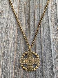 Antique Gold 5-Way Cross Medal, Antique Replica, Pendant Necklace, 4-Way Catholic Medal, Border of Hearts, Holy Spirit Dove Center, Unusual