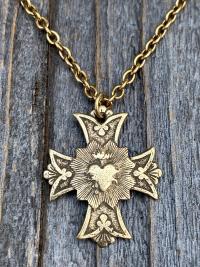 Antique Gold Sacred Heart Cross Pendant and Necklace, Antique Replica, Sacred Heart of Jesus, Bestseller, Devotion to His Sacred Heart