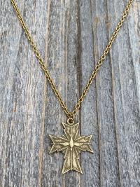 Antique Gold Holy Spirit Cross Pendant, Antique Replica, Chain Necklace, Oh Holy Ghost Protect Me, Holy Spirit Dove in center of cross