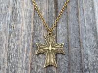 Antique Gold Holy Spirit Cross Pendant, Antique Replica, Chain Necklace, Oh Holy Ghost Protect Me, Holy Spirit Dove in center of cross