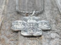 Sterling Silver Shamrock 4-Way Medal Pendant Necklace, Antique Replica, Miraculous Medal, Holy Spirit Dove, Sacred Heart of Jesus, St Joseph