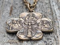 Bronze Shamrock 4-Way Medal Pendant Necklace, Antique Replica, Miraculous Medal, Holy Spirit Dove, Sacred Heart of Jesus, St Christopher