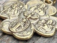 Antique Gold Shamrock 4-Way Medal Pendant Necklace, Antique Replica, Miraculous Medal, Holy Spirit Dove, Sacred Heart of Jesus, St Joseph