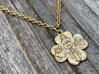 Antique Gold Shamrock 4-Way Medal Pendant Necklace, Antique Replica, Miraculous Medal, Holy Spirit Dove, Sacred Heart of Jesus, St Joseph