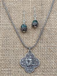 Sterling Silver St. Raphael Necklace & Seraphinite Earrings Set, Saint Raphael the Archangel Medal, Angel of Healing, Antique Replicas, .925