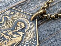 Large Bronze Saint Francis of Assisi Blessing Prayer Medal, Italian Antique Replica, Pendant Necklace, Hexagon-Shaped Big Medal from Italy