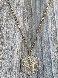 Large Bronze Saint Francis of Assisi Blessing Prayer Medal, Italian Antique Replica, Pendant Necklace, Hexagon-Shaped Big Medal from Italy