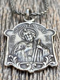 Sterling Silver Rare St Jude Thaddeus Medal Pendant Necklace, Antique Replica, Patron Saint of Desperate Causes, Patron Saint of Hope, Help