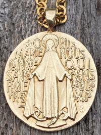 Gold Big French Miraculous Medal, Antique Replica, Pendant Necklace, O Mary Conceived Without Sin Pray for Us Who Have Recourse to Thee, MM1