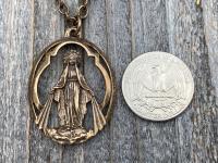 Bronze Large Openwork Miraculous Medal Pendant Necklace, Antique Replica, Rare unusual Antique, Blessed Virgin Mary, Mother Mary, Our Lady