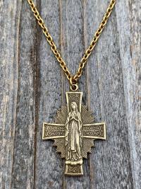 Antique Gold Radiant Mary Medal, Antique Replica, Pendant Necklace, Radiant Cross, Our Lady of Lourdes, Blessed Virgin Mary Pendant Necklace