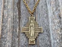 Antique Gold Radiant Mary Medal, Antique Replica, Pendant Necklace, Radiant Cross, Our Lady of Lourdes, Blessed Virgin Mary Pendant Necklace