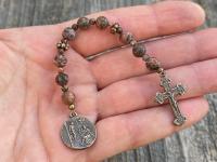 Small Chaplet of St Saint Peregrine, Bronze Antique Replica Medal & Crucifix, Leopardskin Jasper Gemstones, Patron Saint of Cancer Patients