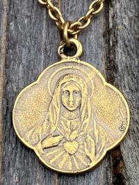 Antique Gold Immaculate Heart of Mary, French Antique Replica, Medal Pendant & Necklace, Heart of Virgin Mary, Scalloped Rare Mary Medal