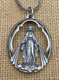 Sterling Silver Large Openwork Miraculous Medal Pendant Necklace, Antique Replica, Rare Unusual Antique, Our Lady of the Miracle Miracles