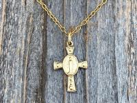 Petite Gold Miraculous Medal Cross Pendant Necklace, Antique Replica, Blessed Virgin Mary, Our Lady of Lourdes, Small Miraculous Medal Cross