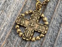 Antique Gold 5-Way Cross Medal, Antique Replica, Pendant Necklace, 4-Way Catholic Medal, Border of Hearts, Holy Spirit Dove Center, Unusual