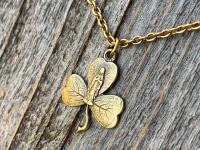 Antique Gold Mary Shamrock Pendant (Antique Replica from Lourdes France) Medal Necklace, Our Lady of Lourdes on Shamrock Pendant, Irish Gift