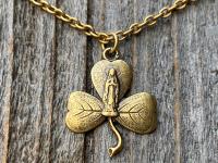 Antique Gold Mary Shamrock Pendant (Antique Replica from Lourdes France) Medal Necklace, Our Lady of Lourdes on Shamrock Pendant, Irish Gift