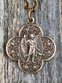 Bronze St Raphael the Archangel, Angel of Healing, Antique Replica Medal and Necklace, Preserve Us From Ill Health And All Danger To Life