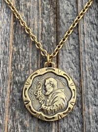 Antique Gold Saint Padre Pio Antique Replica Medal Pendant Necklace, Saint Pius of Pietrelcina, Stigmatized Priest, Healing, Stigmata, Rare